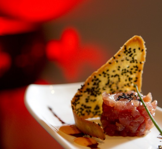 Tuna tartare with sesame tuile.